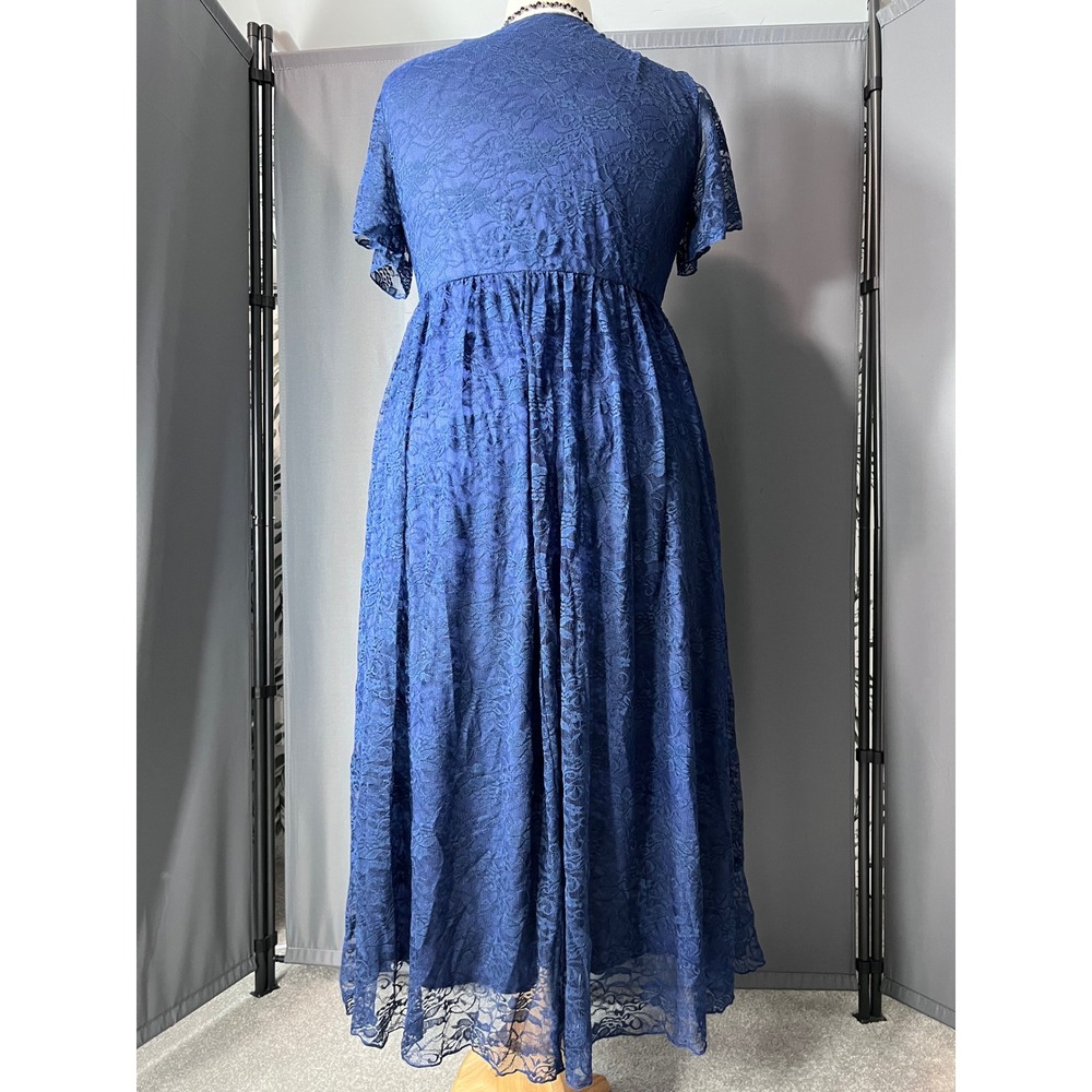 Royal Blue Floral Lace High-Low Faux Wrap Empire Waist Dress with Ruffle Detail - Picture 8 of 13